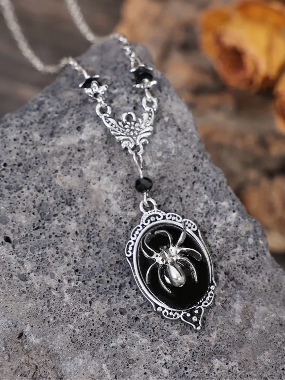 Silver Spider Pendant Necklace with Black Enamel - Women Jewelry